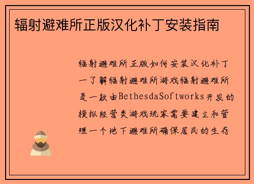 辐射避难所正版汉化补丁安装指南