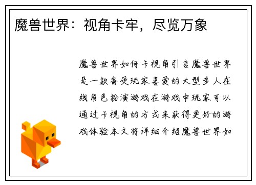 魔兽世界：视角卡牢，尽览万象